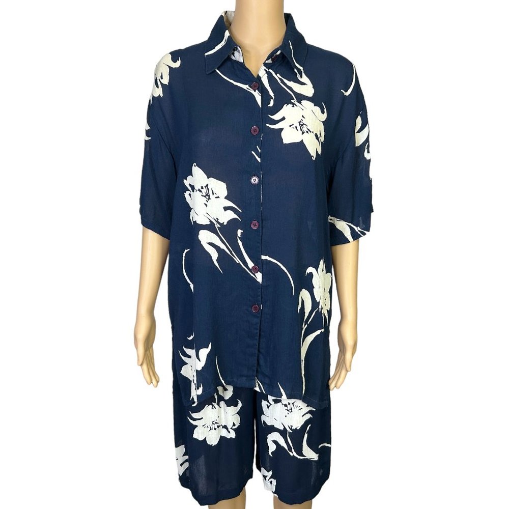 Vintage Summer Wine Womens L‎ Hawaiian Floral Sheer Blouse Shorts Outfit Set